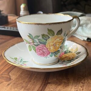 Elegant Floral China Tea Cup & Saucer in Pink and Yellow with Gold Trim
